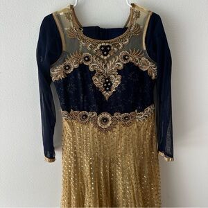 Navy blue and yellow gold maxi kameez three piece shaadi suit